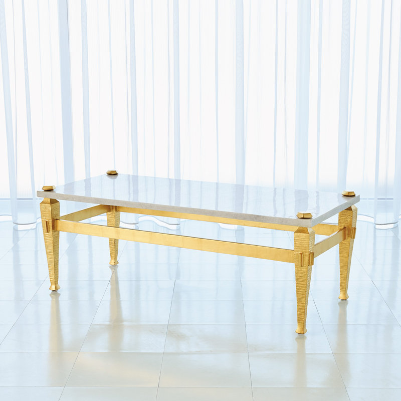 Roman Gold Leaf Contemporary Metal Coffee Table with White Marble Top