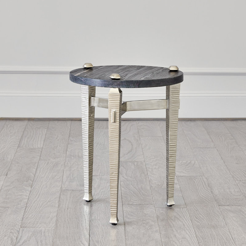 Round Black Marble and Nickel Metal Side Table