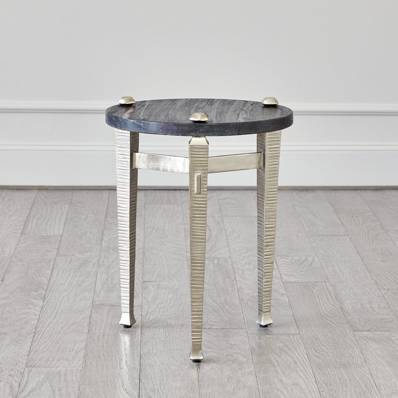 Round Black Marble and Nickel Metal Side Table