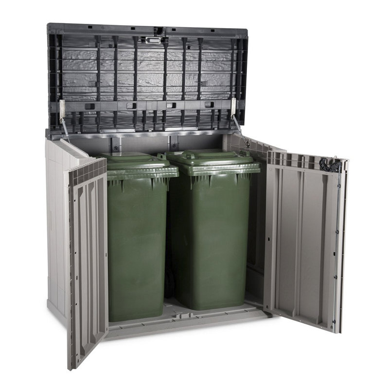 Taupe Gray and Brown Lockable Plastic Storage Shed with Wheels