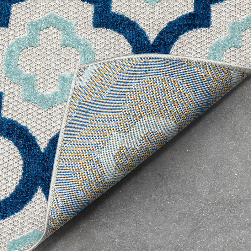 Reversible Geometric Blue Synthetic 3'11" x 5'3" Indoor/Outdoor Rug