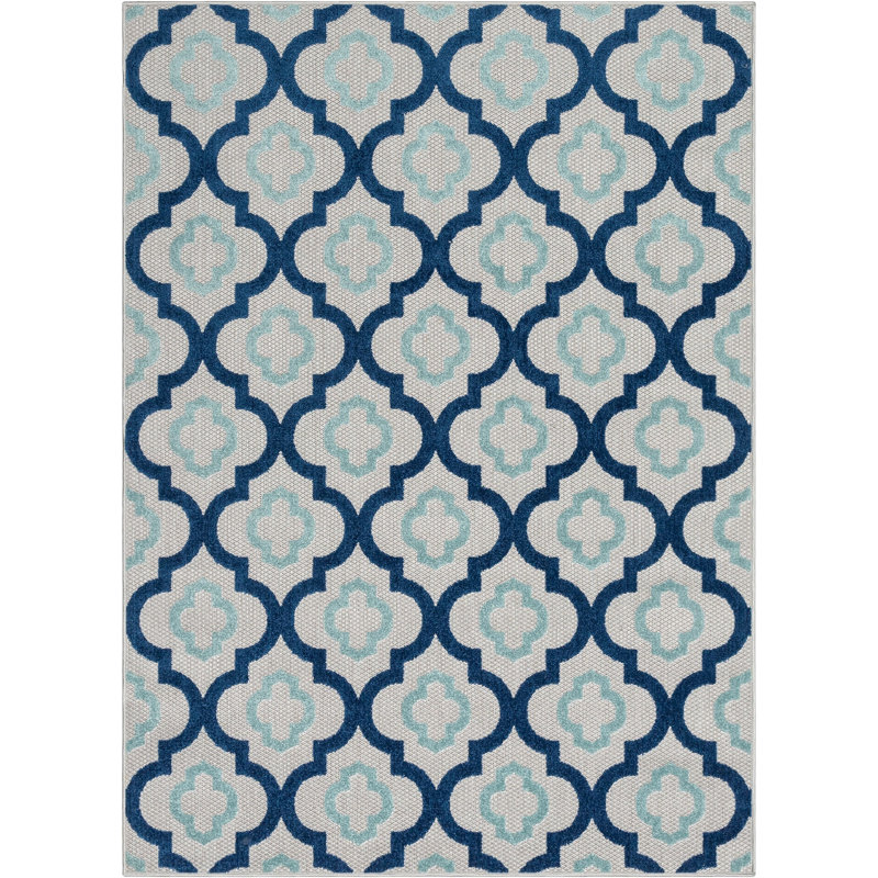 Reversible Geometric Blue Synthetic 3'11" x 5'3" Indoor/Outdoor Rug