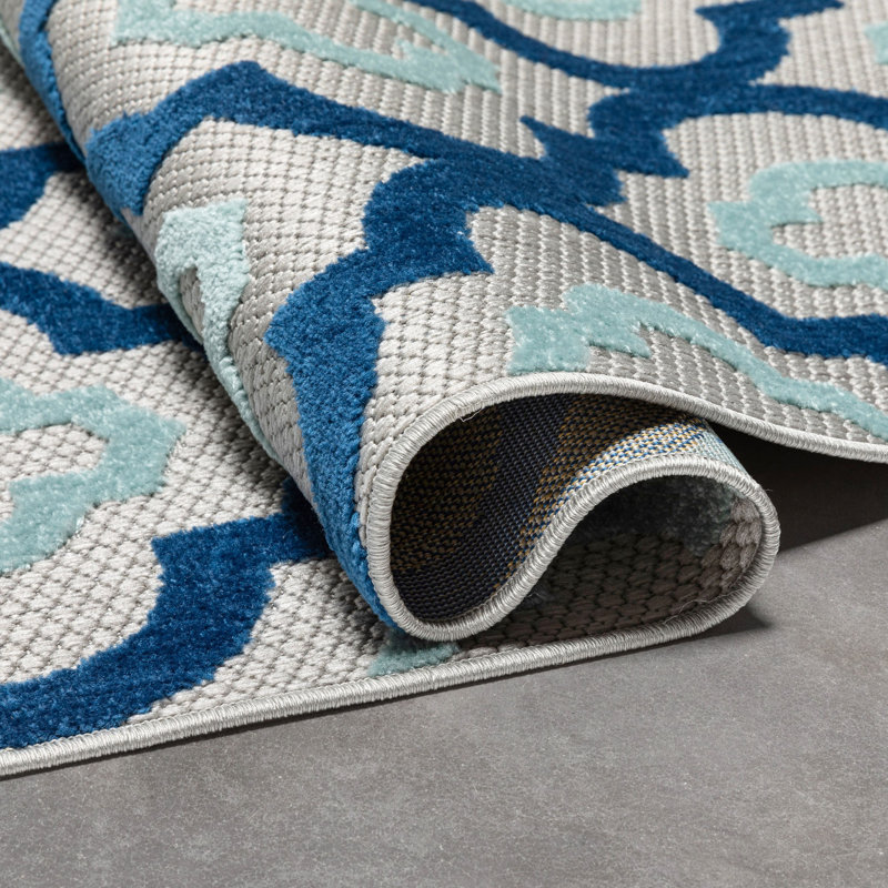 Reversible Geometric Blue Synthetic 3'11" x 5'3" Indoor/Outdoor Rug