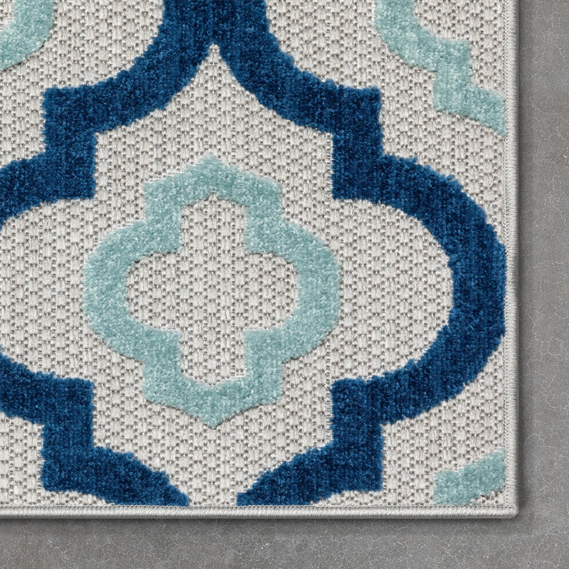 Reversible Geometric Blue Synthetic 3'11" x 5'3" Indoor/Outdoor Rug