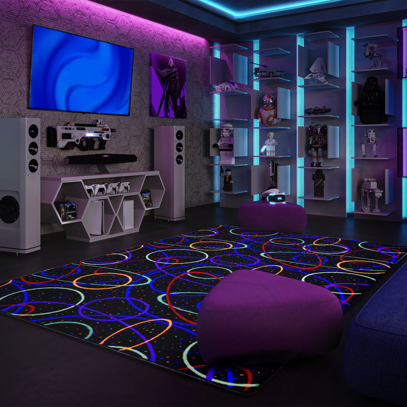 Neon Glow Black Synthetic 4' x 6' Tufted Gaming Area Rug