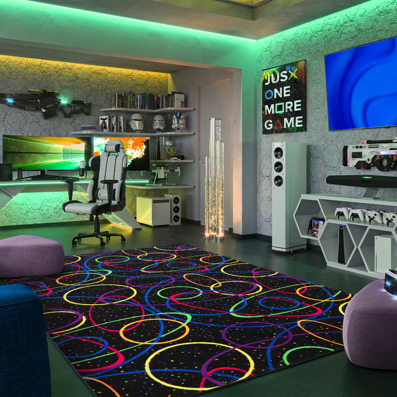 Neon Glow Black Synthetic 4' x 6' Tufted Gaming Area Rug