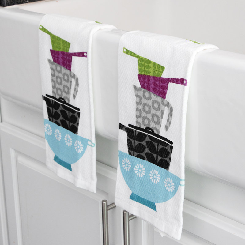 Dual-Purpose Cotton Kitchen Dish Towel Set with Pots and Pans Print