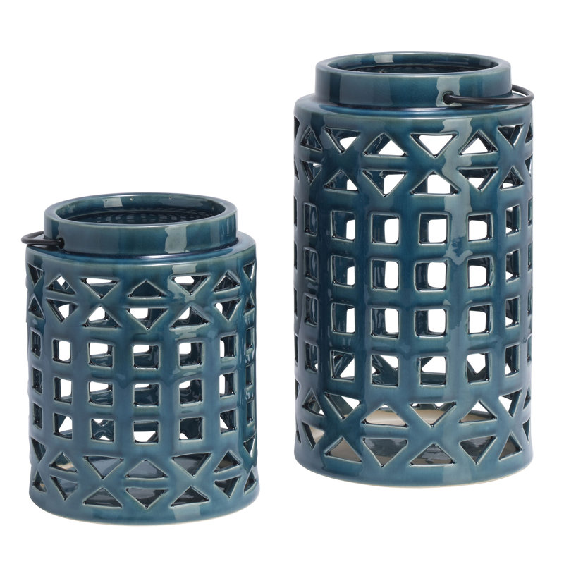 Blue Ceramic Hanging Candle Lantern with Metal Handles