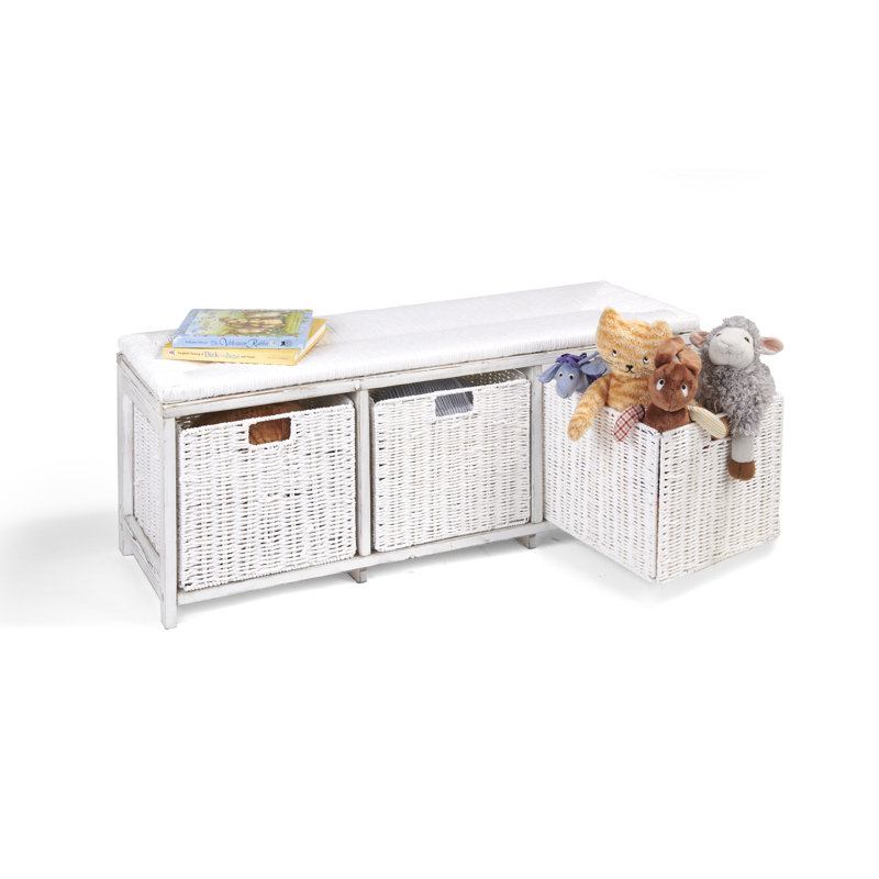 White Pine Wicker-Style Kid's Storage Bench with Baskets