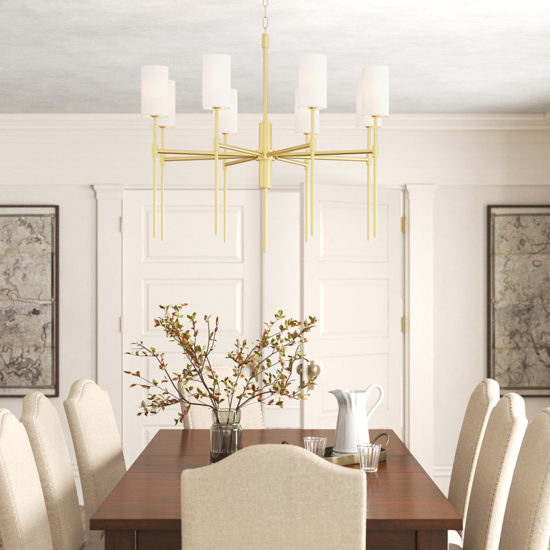 Aged Brass 8-Light Chandelier with White Linen Shades