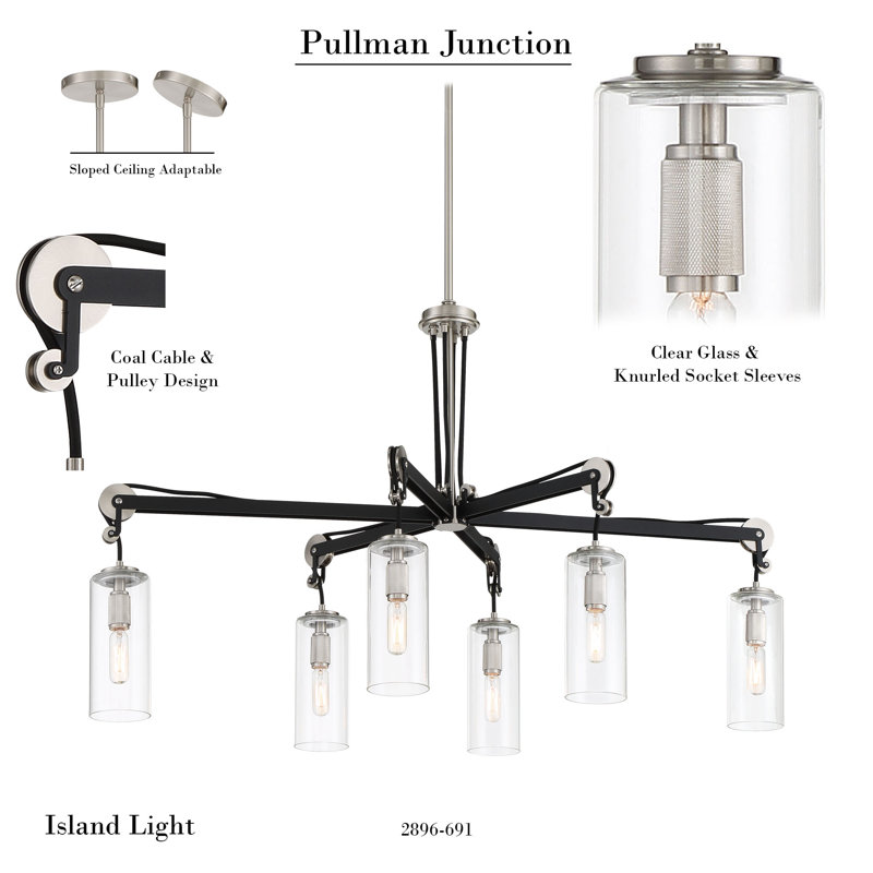 Pullman Junction Classic 6-Light Brushed Nickel & Glass Chandelier