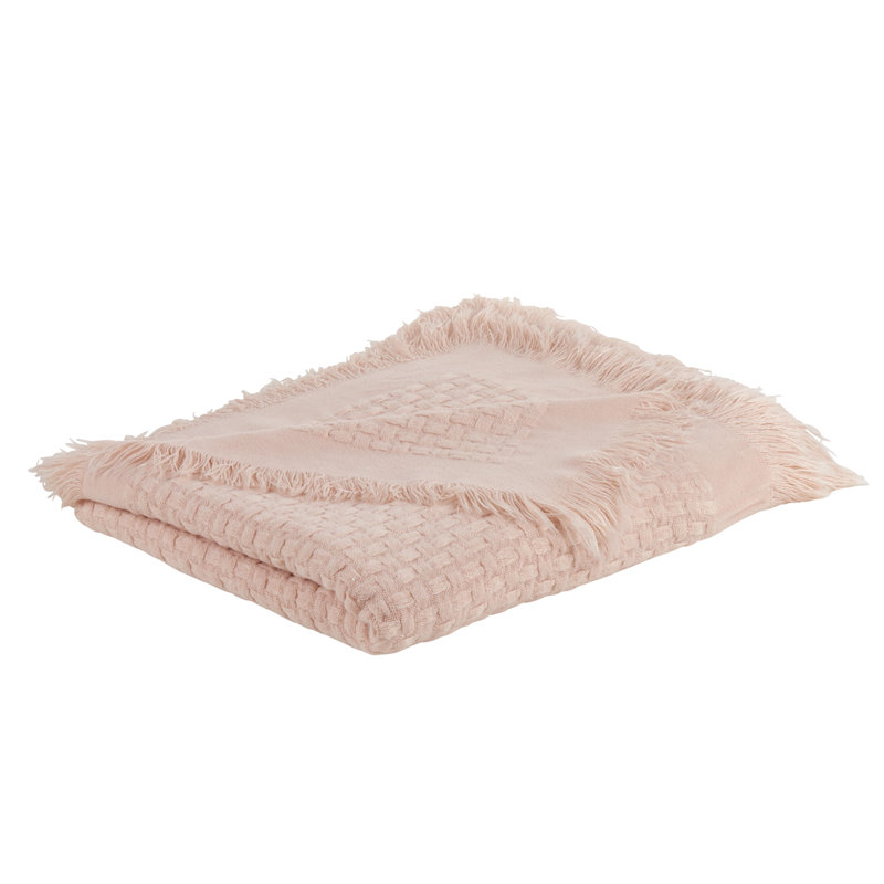 Charming Pink Cotton Waffle Weave Throw Blanket with Fringe Accents