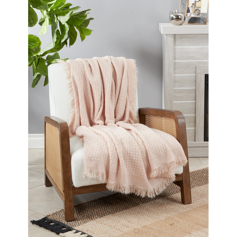 Charming Pink Cotton Waffle Weave Throw Blanket with Fringe Accents