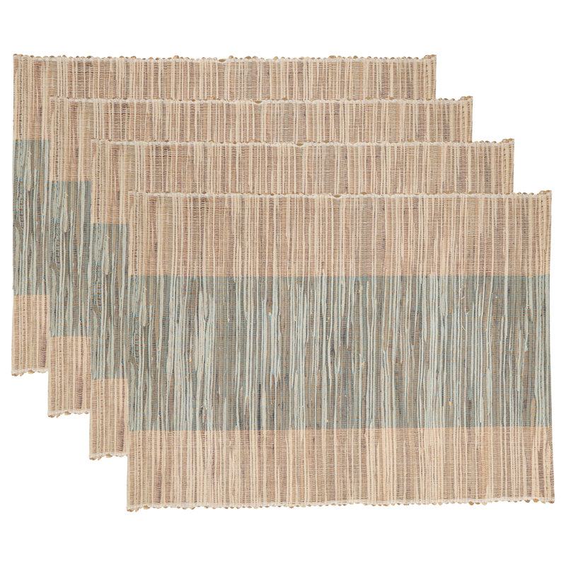 Turquoise and Beige Shimmering Banded Fabric Placemats Set of 4