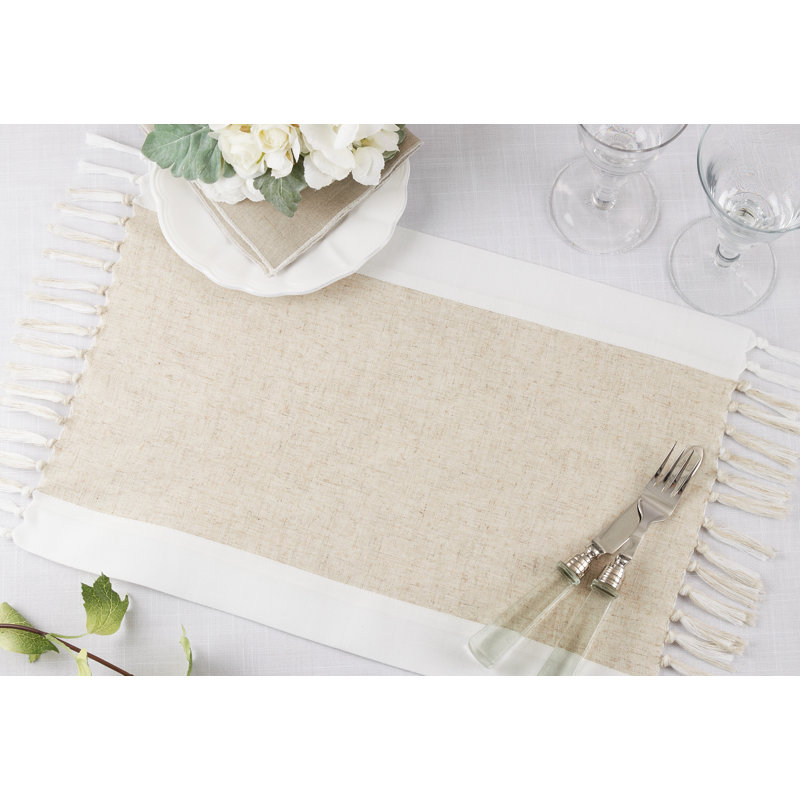 Natural Two-Tone Fabric Placemats with Fringe, Set of 4