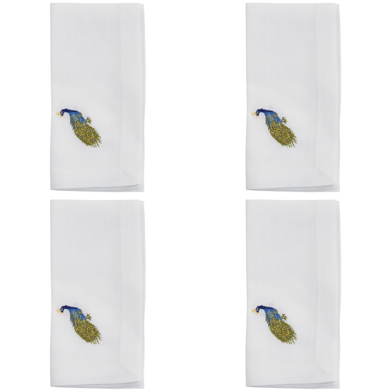 White Polyester Napkins with Embroidered Peacock Design, Set of 4