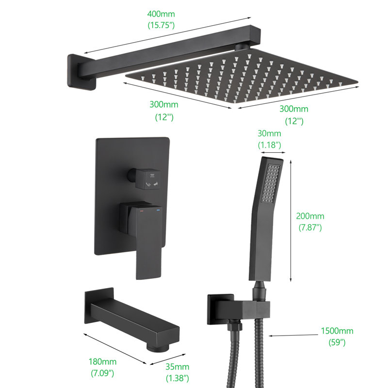 Matte Black Rainfall Shower Head and Tub Faucet Set