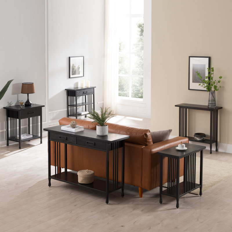 Mission Oak and Black Metal Console Table with Storage