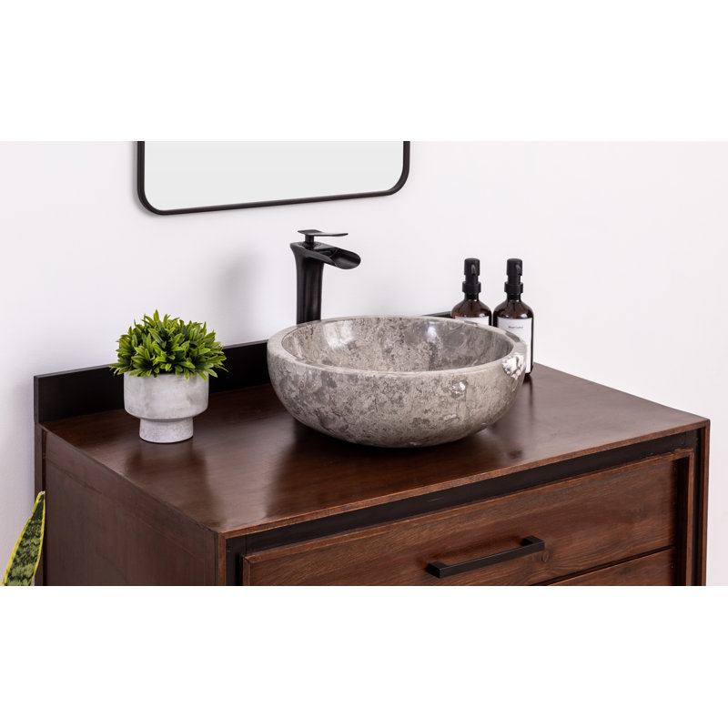 Gray Marble Circular Vessel Bathroom Sink, 16-inch