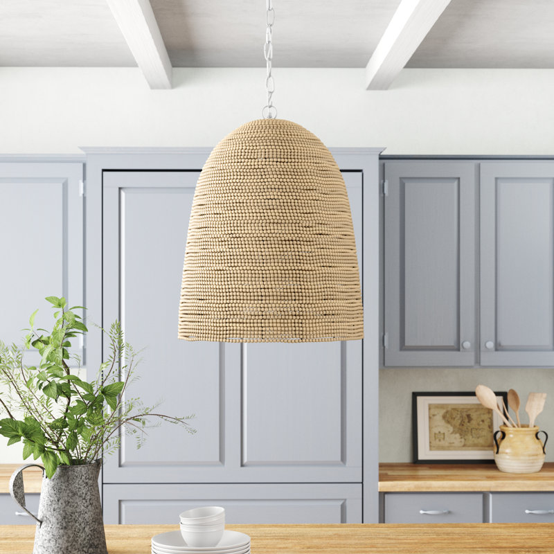 Elysian Off-White Bowl Pendant with Mango Wood Beads and E26 Bulb