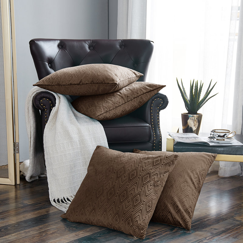 Carafe Brown Polyester Ikat Velvet Square Pillow Covers, 20" x 20"
