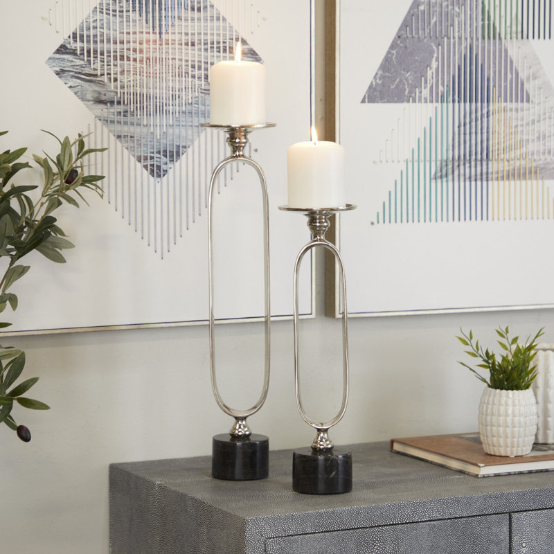 Silver and Black Aluminum Marble Tabletop Candlestick Set