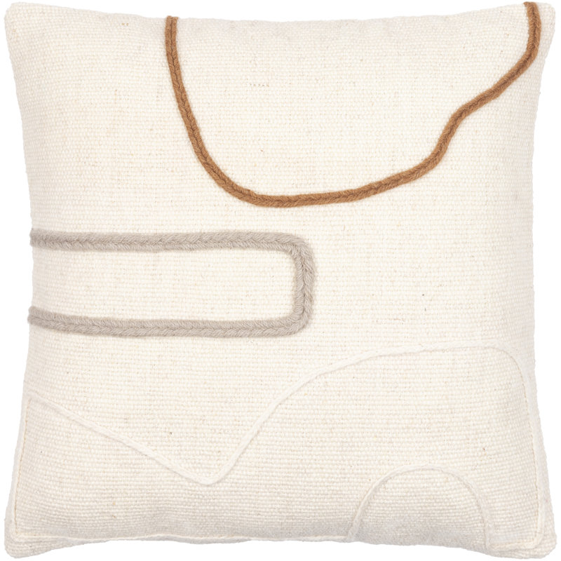 22'' x 22'' Off-White and Brown Cotton Embroidered Throw Pillow