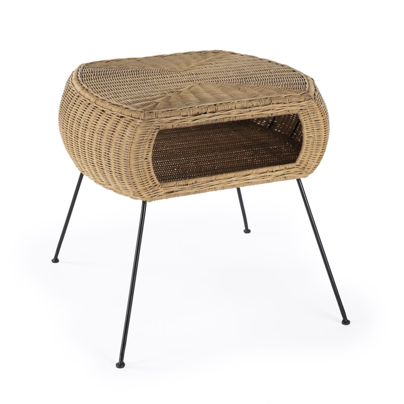 Natural Rattan and Black Iron Round End Table