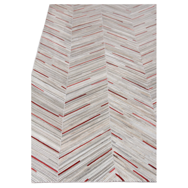 Handmade Ivory and Red Cowhide Chevron Rectangular Area Rug