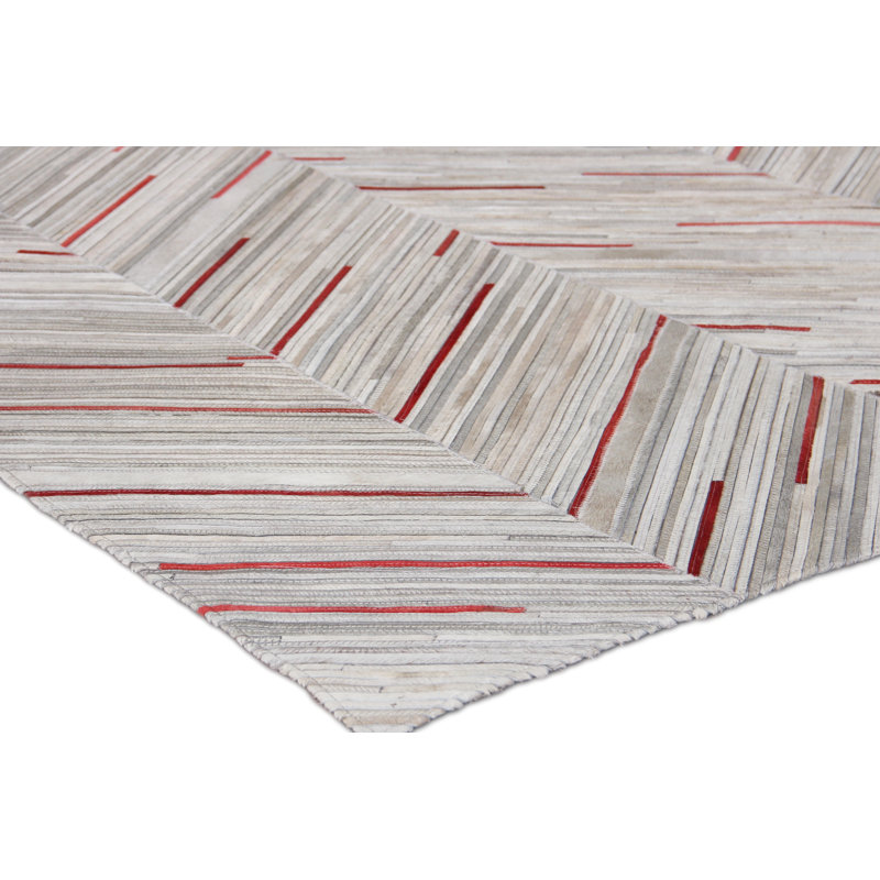 Handmade Ivory and Red Cowhide Chevron Rectangular Area Rug