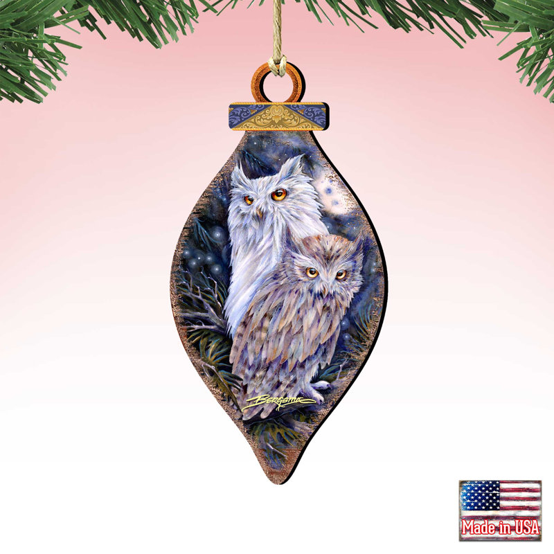 Night Watch Owls Wooden Holiday Ornaments Set of 2
