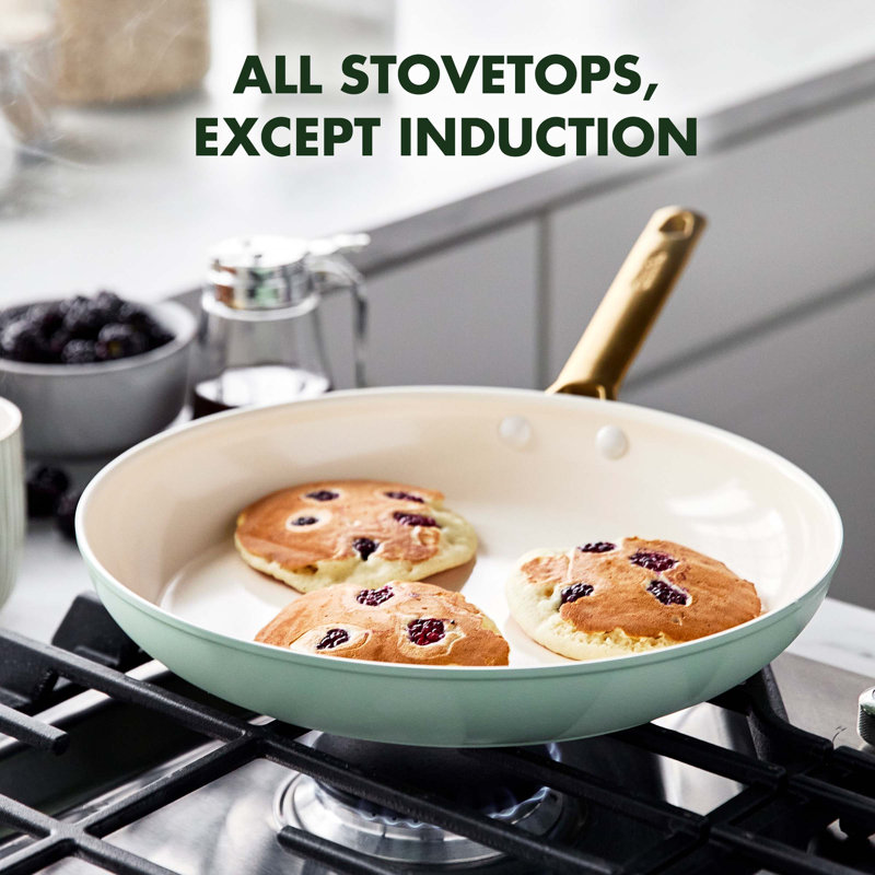 Mint and Cream Ceramic Nonstick Frying Pan Set with Gold Handles