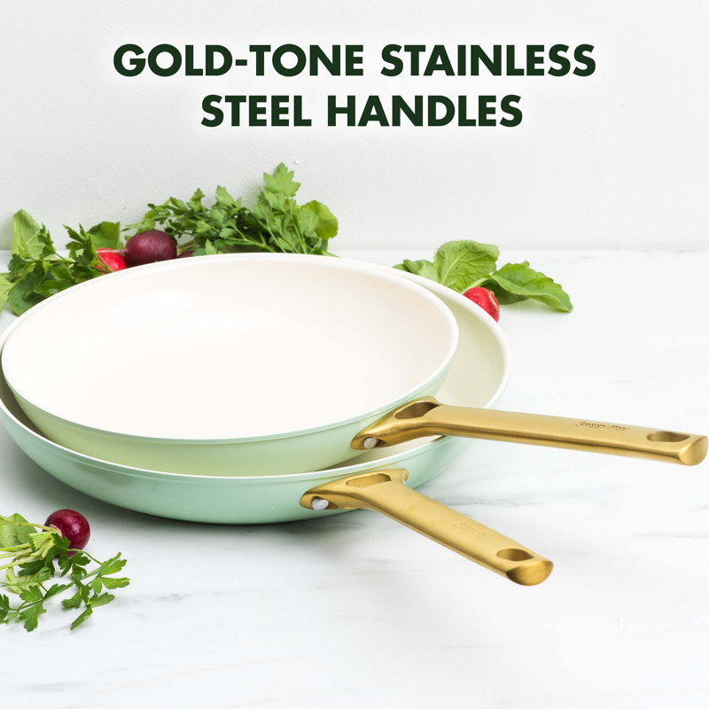 Mint and Cream Ceramic Nonstick Frying Pan Set with Gold Handles