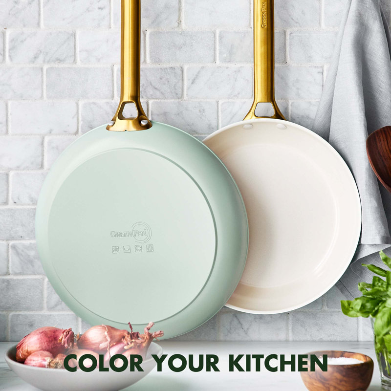 Mint and Cream Ceramic Nonstick Frying Pan Set with Gold Handles