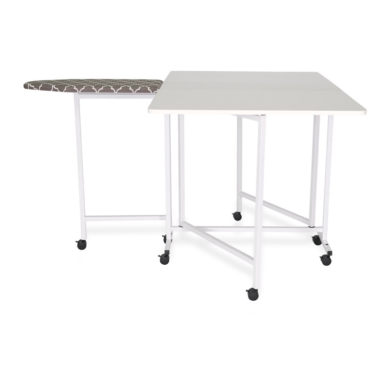 Modern White Metal 63''x59'' Cutting & Ironing Table with Casters