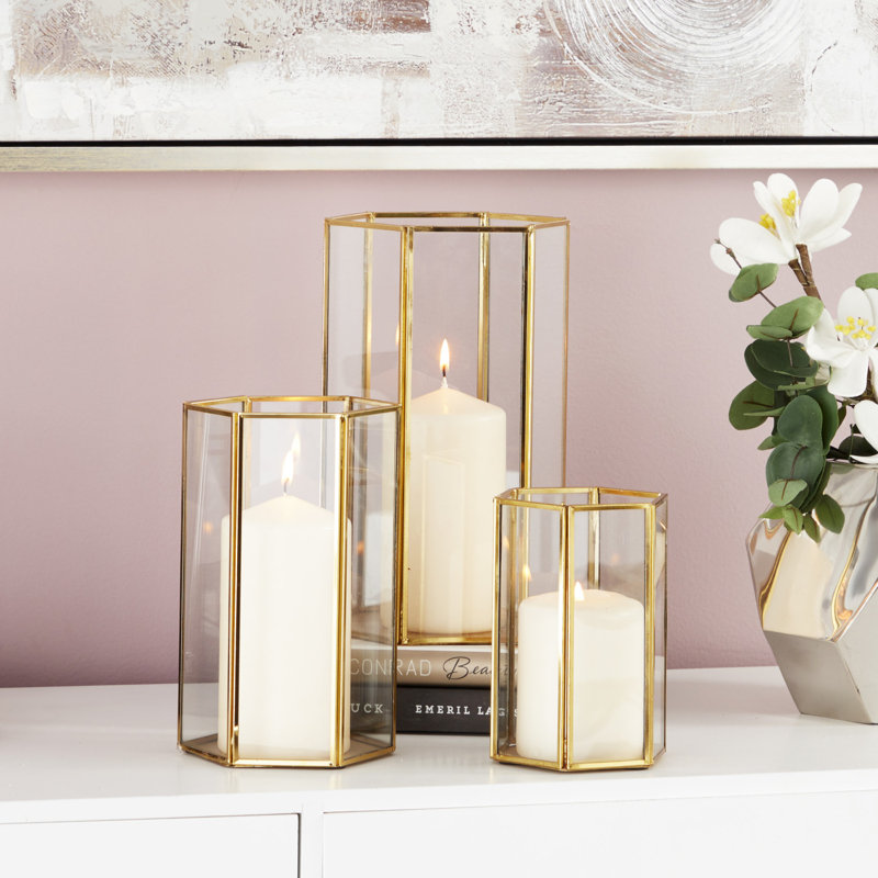 Gold Iron and Glass Hexagonal Candle Lantern Set