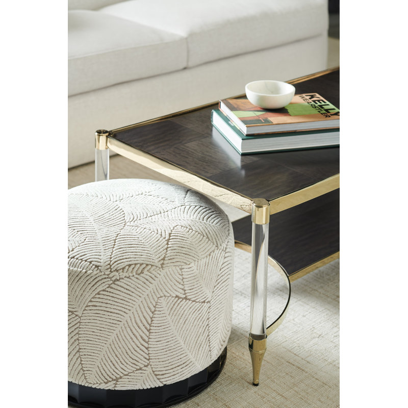 Beige Velvet Round Ottoman with Scalloped Wood Base
