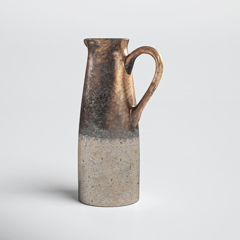 Sienna Brown Terracotta Pitcher with Metallic Accents, 14.4" High