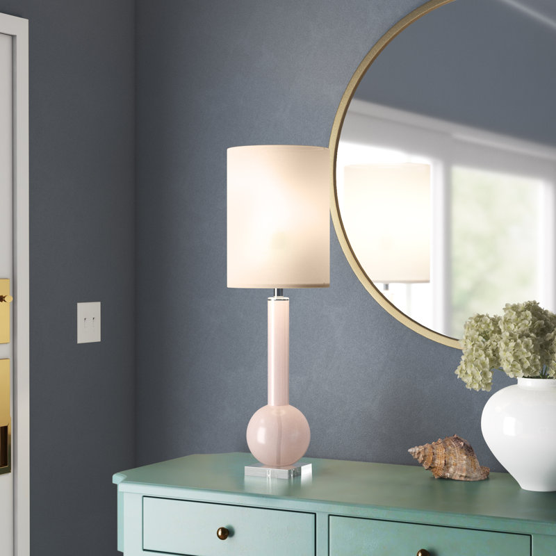 Petal Pink Glass Table Lamp with White Linen Shade