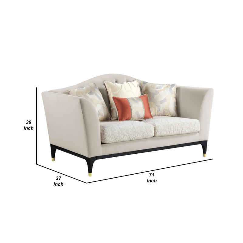 Beige Velvet Tufted Loveseat with Gold-Capped Wood Legs, 71"