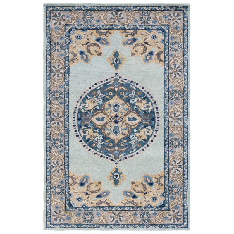 Turquoise and Silver Tufted Wool Oriental Rug