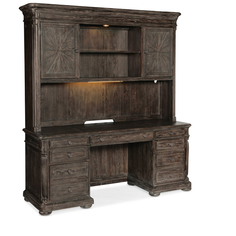 Maduro Vintage Pine and Oak Lighted Credenza Hutch