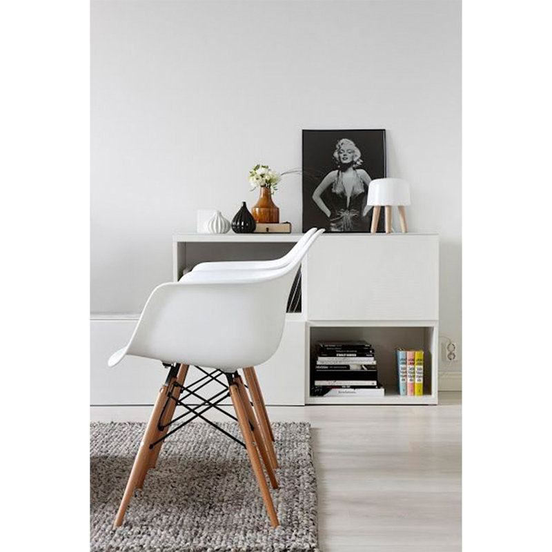 White Molded Plastic Armchairs with Natural Wooden Legs