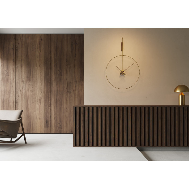 Large Walnut and Brass Minimalist Wall Clock