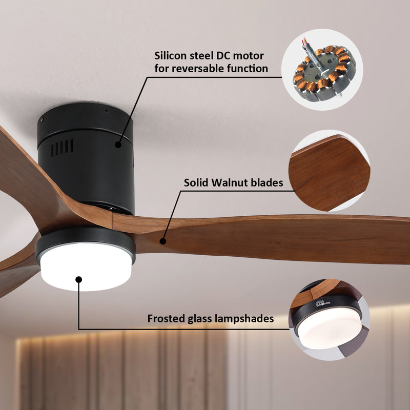 52'' Matte Black and Brown Wood Flush Mount Ceiling Fan with LED Light