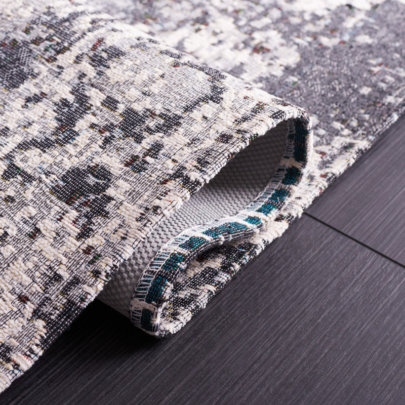 Modern Washable Black and Green 4' x 6' Wool-Cotton Blend Rug