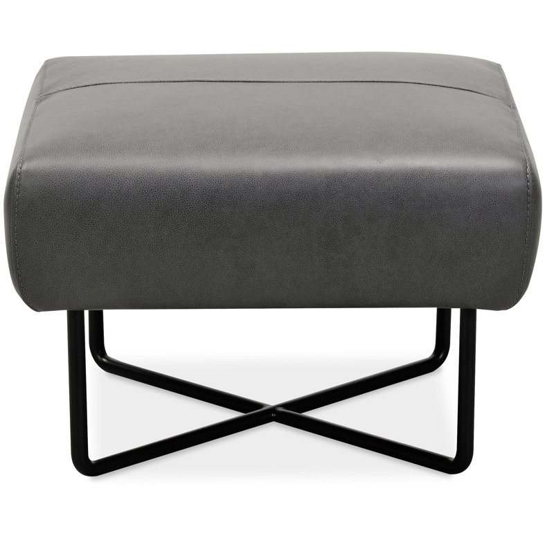 Efron Gravel Gray Leather Ottoman with Black Metal Base