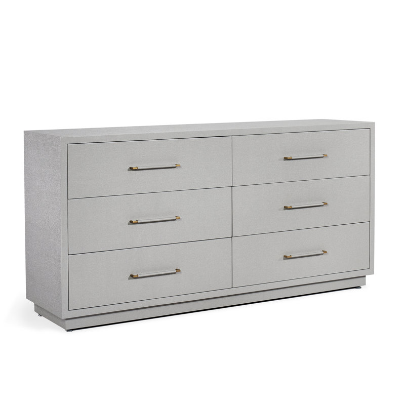 Coastal Double 6-Drawer Dresser in Light Grey with Antique Brass Finish