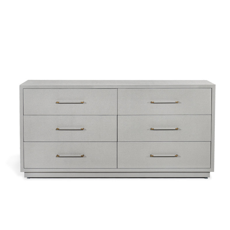 Coastal Double 6-Drawer Dresser in Light Grey with Antique Brass Finish