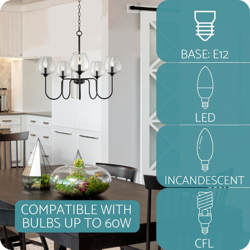 Black 5-Light Modern Chandelier with Clear Glass Shades
